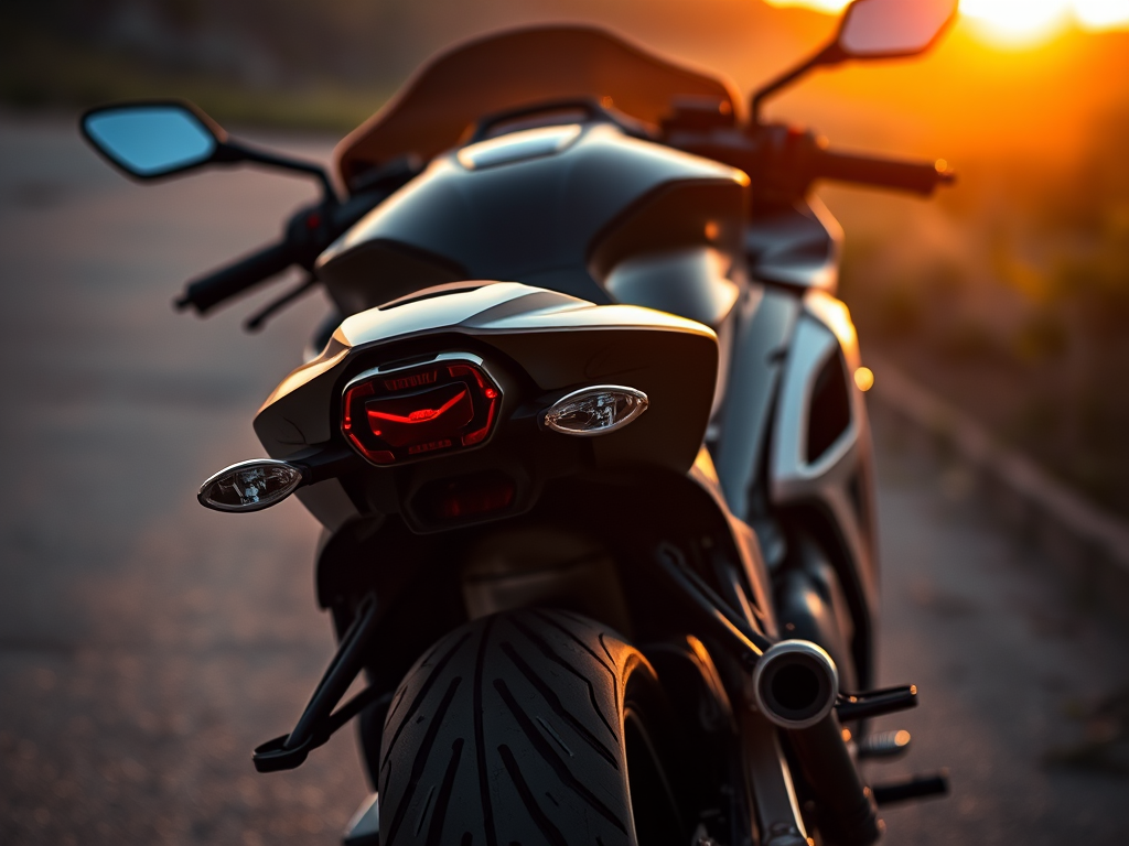 Regenerate the image of a sleek black motorcycle with a focus on the rear view, using a DSLR camera at f/2.8 aperture, ISO 100, 1/250 sec shutter speed, 50mm lens, in a soft sunset lighting environment to enhance shadows and highlights.