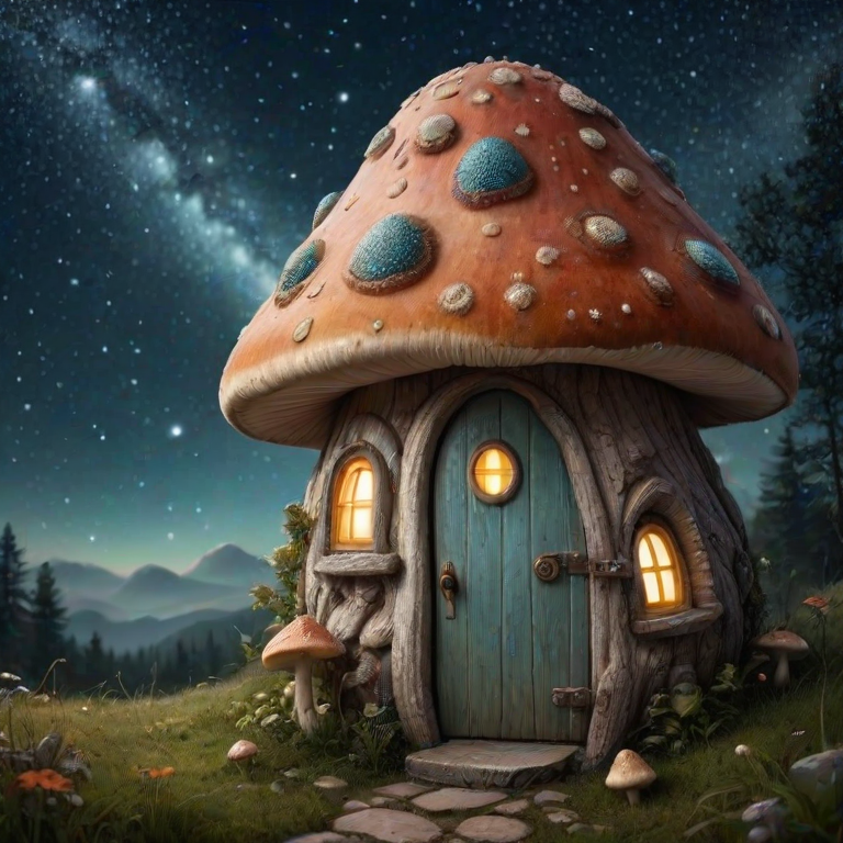 this photo is illustration of a mushroom house with a door and a window, a storybook , fantasy art, mushroom house, bg starry sky, sparkles