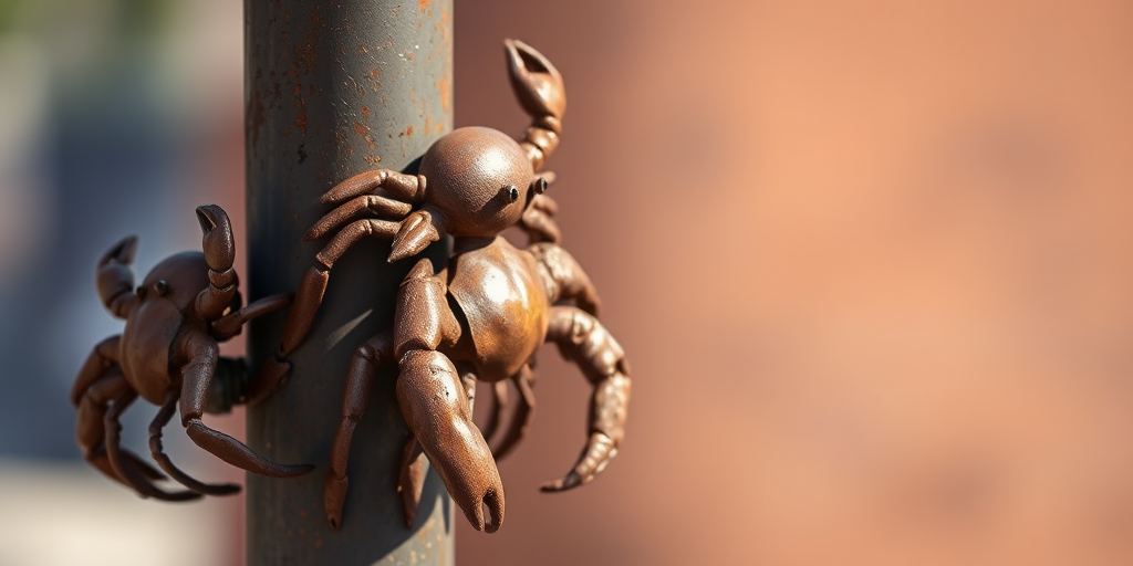 Capture a close-up of rusty metal sculptures resembling crabs on a vertical pole, with a shallow depth of field to blur the background, using a DSLR camera at f/2.8, ISO 100, 1/200s, natural lighting.