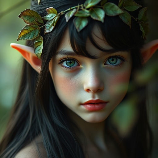 portrait of an elf girl with intricate leafy headpiece and long dark hair, soft natural lighting, f/1.8 aperture, ISO 100, 85mm lens, shallow depth of field, taken with a full-frame DSLR camera, artistic soft focus background