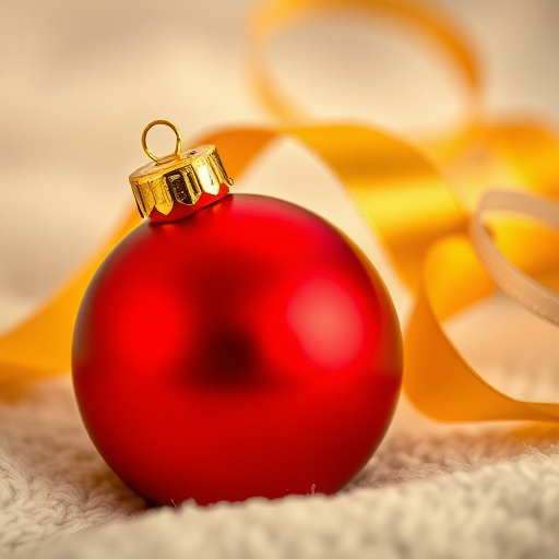Create an image of a close-up view of a shiny red Christmas ornament with a golden decorative cap, lying on a soft, textured surface. Include a flowing golden ribbon in the background, softly blurred to create a warm, festive atmosphere. The lighting should be soft and warm, enhancing the holiday spirit.