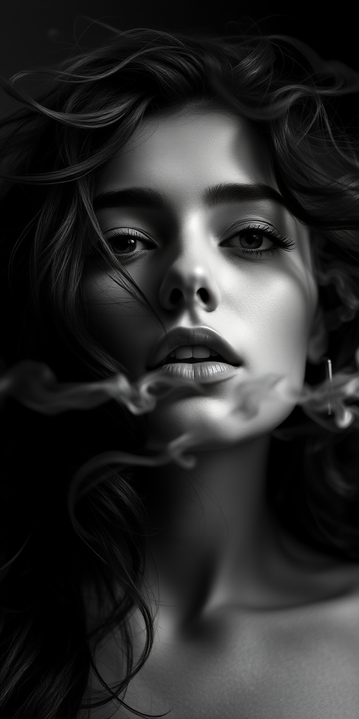 Portrait of a woman with flowing hair and smoke swirling around her face, soft lighting, high contrast, DSLR camera, 85mm lens, aperture f/1.8, ISO 100, shoot in RAW, low angle view, dramatic black and white.