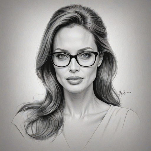Beautiful Angelina Jolie, pencil sketch, portrait of beautiful woman 60s in glasses, hair style beatnik, outline, clear lines, fine lines, 8k