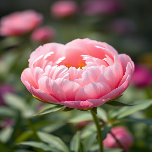 close-up of a delicate pink peony flower with soft petals and green leaves in a blurred garden background, shot with a Canon EOS R5, 85mm f/1.2 lens, ISO 100, aperture f/2.8, natural soft lighting, shallow depth of field