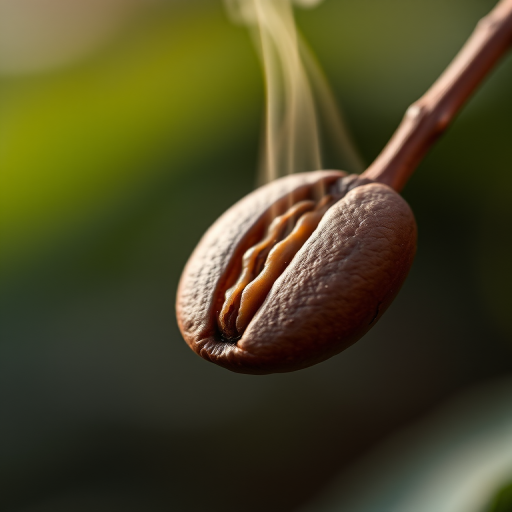 A high-resolution image of a steaming coffee bean, captured with a Canon EOS R5 camera, 100mm macro lens, f/2.8 aperture, ISO 100, with soft natural lighting and a shallow depth of field to enhance detail and focus on the bean.