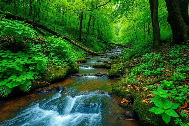 Capture a vibrant forest stream scene with lush green foliage and flowing water, settings: aperture f/8, shutter speed 1/125, ISO 200, camera view: landscape, camera style: vivid colors, camera type: DSLR.