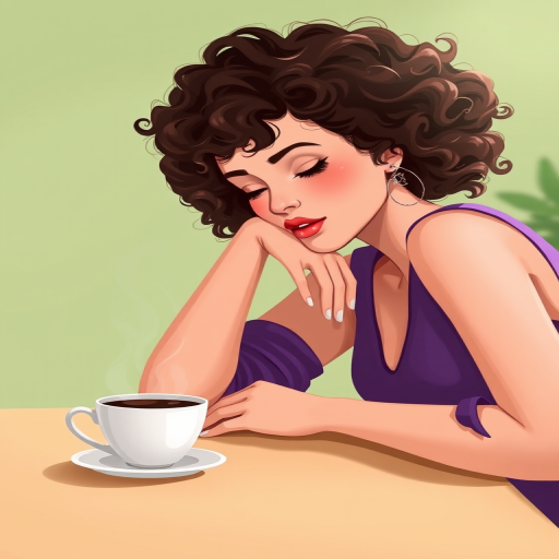 generate a digital illustration of a woman with curly hair resting her head on a table, wearing a purple dress, with a steaming cup of coffee beside her, set against a soft green background, use a high-resolution digital camera with a focal length of 50mm, aperture f/2.8, ISO 100, and a shallow depth of field for a soft blurred background effect