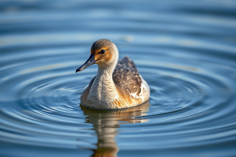 Capture a close-up of a graceful bird floating on calm water, with soft ripples surrounding it, using a Canon EOS 5D Mark IV, aperture f/2.8, shutter speed 1/250s, ISO 100, with a 100mm macro lens, in natural light for enhanced detail and vibrant colors.