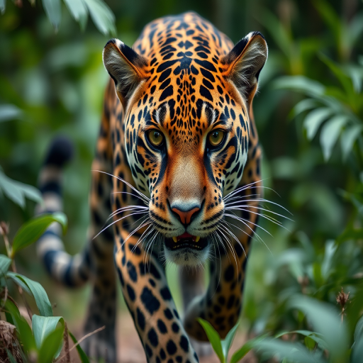capture a close-up of a jaguar running through a lush jungle, focus on its intense gaze and detailed fur, use a shallow depth of field at f/2.8, ISO 200, shutter speed 1/1000s, with a 24-70mm lens, positioned at eye level for dramatic impact, natural lighting to enhance the vibrant colors