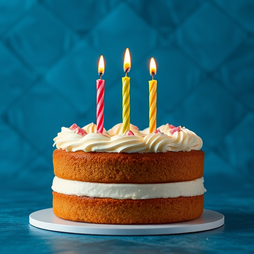 Create a high-resolution image of a birthday cake with three candles on top, set against a textured blue background, using a DSLR camera with a 50mm lens, aperture set to f/1.8, ISO 100, and a low angle view for a dramatic effect.