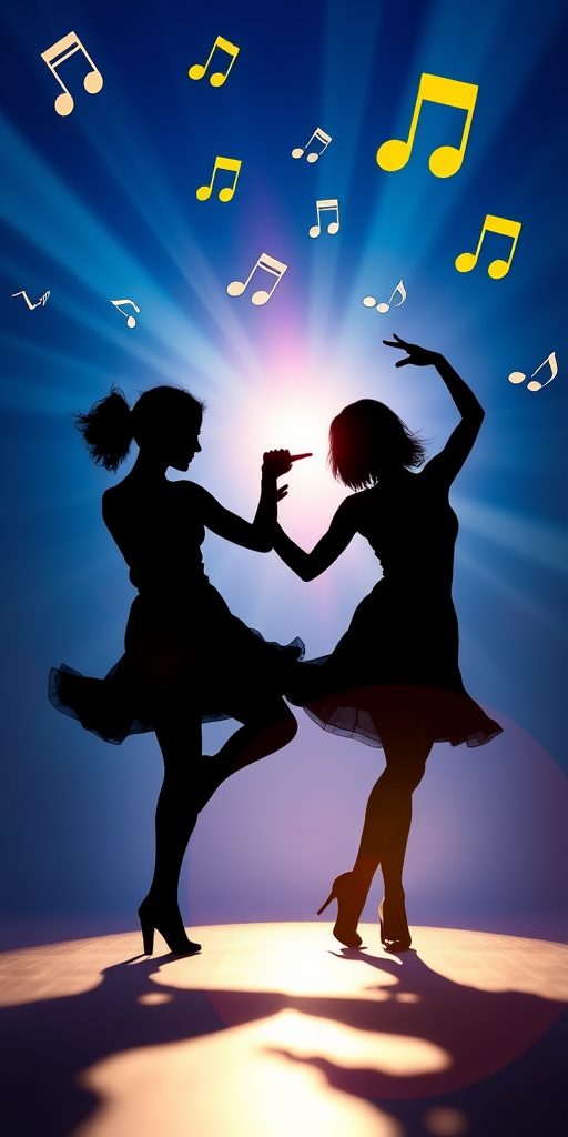 Create a vibrant digital art piece featuring two silhouetted dancers against a deep blue background with musical notes floating and dynamic light rays, using a high-resolution digital camera with a 50mm lens, f/1.8 aperture, ISO 100, and a slight bokeh effect for depth, capturing an energetic and lively atmosphere.