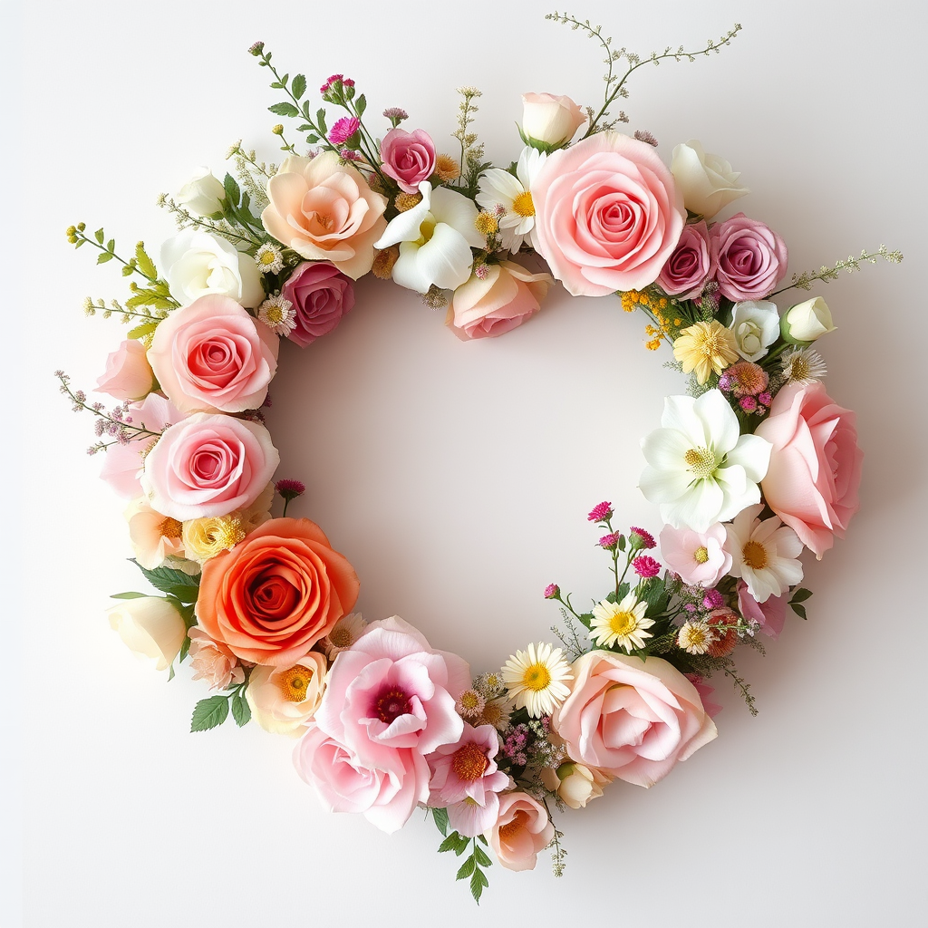 Create a floral heart wreath with various flowers, including roses and wildflowers, in soft pastel colors, on a light background, using a DSLR camera at f/2.8 aperture, 50mm lens, with a soft focus effect and high dynamic range.