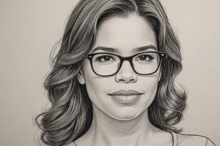 Attractive America Ferrera, pencil sketch, portrait of Comely woman 1979s in glasses, hair style beatnik, outline, clear lines, fine lines, 8k