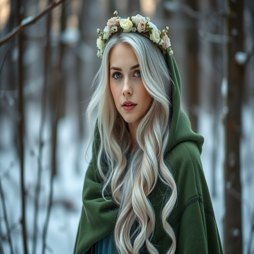 Create an ethereal portrait of a woman with long silver hair wearing a green cloak and a floral crown, in a snowy forest setting, using a Canon EOS R5, 85mm f/1.2 lens, aperture set to f/1.2, ISO 100, shutter speed 1/200s, with soft natural light for a dreamy effect.