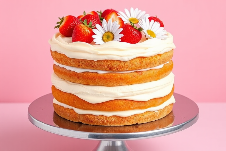 A beautifully decorated three-layer cake with cream frosting topped with fresh strawberries and daisies on a silver cake stand with a soft pink background.