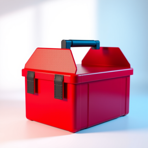 Create a high-resolution 3D render of a red toolbox with a black handle, focus on realistic lighting and shadows, using a Canon EOS 5D Mark IV camera with a 50mm f/1.8 lens, aperture set to f/8, ISO 100, and under soft natural daylight for enhanced image quality.