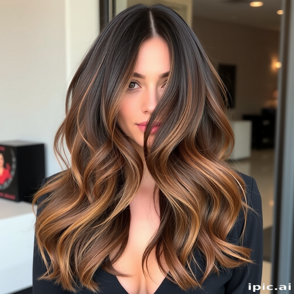 Elegant brunette with sleek chestnut balayage cascading in loose waves, showcasing a sophisticated long layered cut with face-framing pieces and subtle sun-kissed highlights throughout