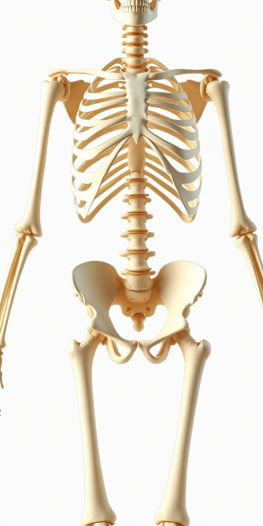 Generate an anatomical illustration of a human skeleton with detailed bone structure, highlighting the ribcage and pelvis, with a neutral background, shot with a DSLR camera at f/8 aperture, 50mm lens, ISO 100, in bright natural light for enhanced clarity.