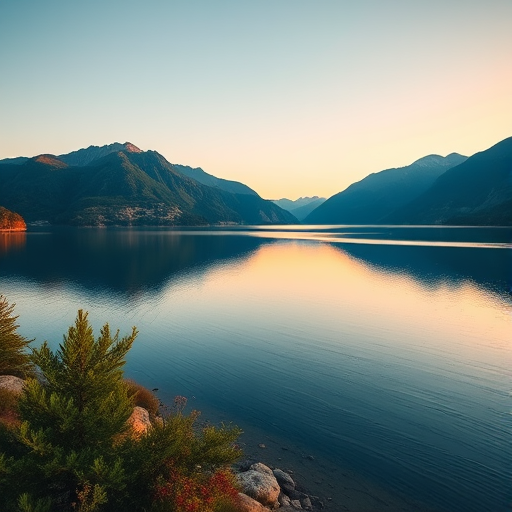 landscape view of a serene lake with mountains in the background during golden hour, captured with a Canon EOS R5, 24mm lens, f/8, ISO 100, shutter speed 1/125 sec, using a wide-angle perspective and soft focus to enhance depth and vibrancy