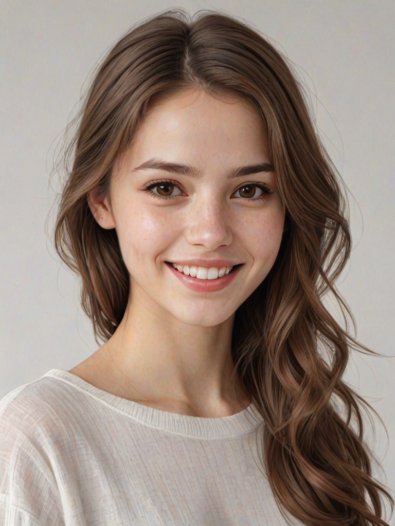 1girl,smile,solo,realistic,brown hair,realistic,long hair,brown eyes,lips,photorealistic,ultra detailed,upper body,(white background,simple background)