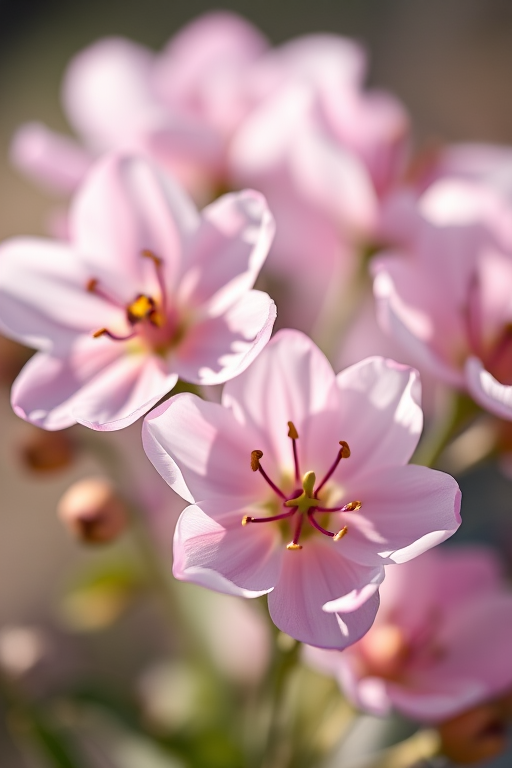 macro shot of delicate flowers with soft lighting and a shallow depth of field, focus on petals and details, ISO 100, f/2.8, 50mm lens, taken with a DSLR camera, natural light, 1/125s shutter speed.