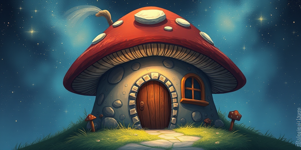 generate illustration of a mushroom house with a door and a window, a storybook , fantasy art, mushroom house, bg starry sky, sparkles