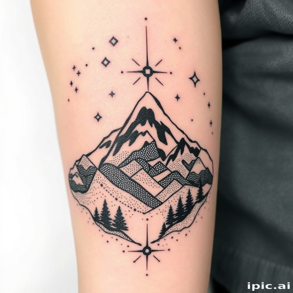 Dotwork landscape tattoo called "Celestial Terrain" using thousands of tiny dots to create a dreamy mountainscape merging with a starry night sky and cosmic elements