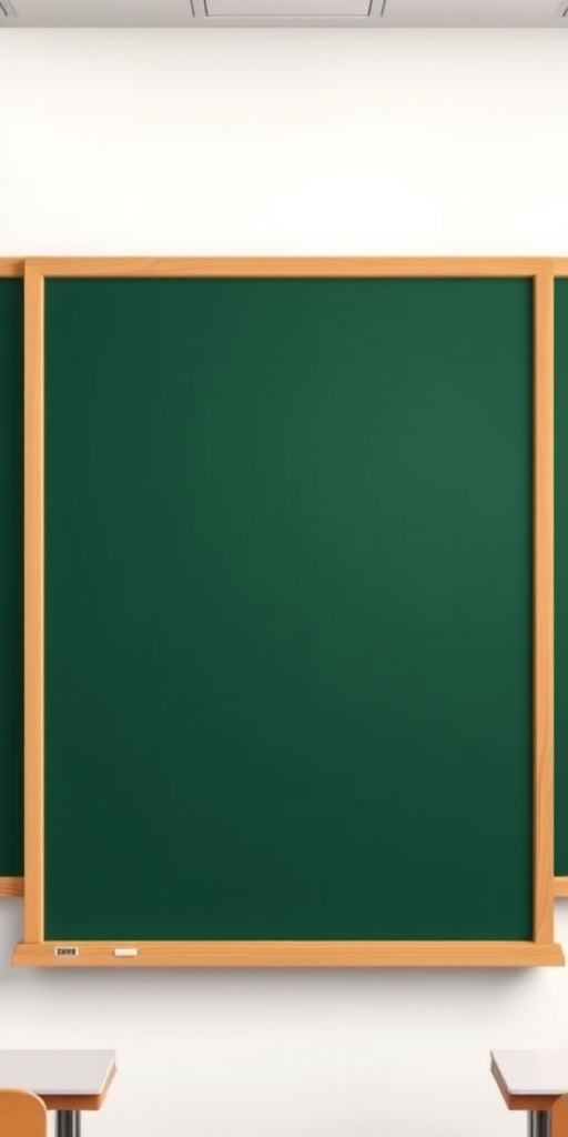Create an illustration of a blank chalkboard with a wooden frame, shot with a DSLR camera at f/8 aperture, ISO 100, 50mm lens, overhead view, natural light, in a clean, well-lit classroom setting.