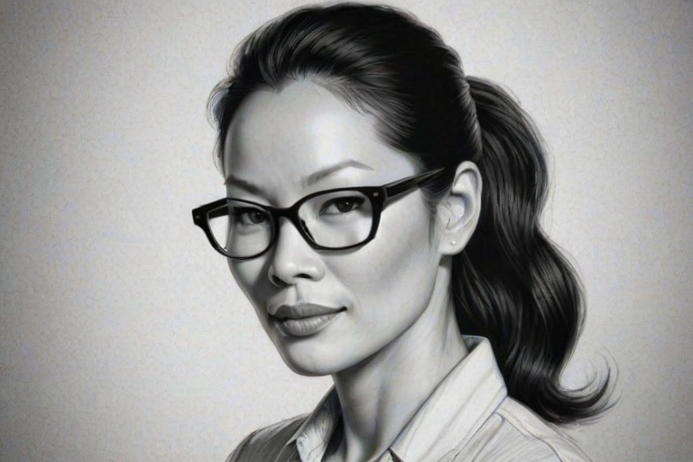 Beauteous Lucy Liu, pencil sketch, portrait of Appealing woman 1951s in glasses, hair style beatnik, outline, clear lines, fine lines, 8k