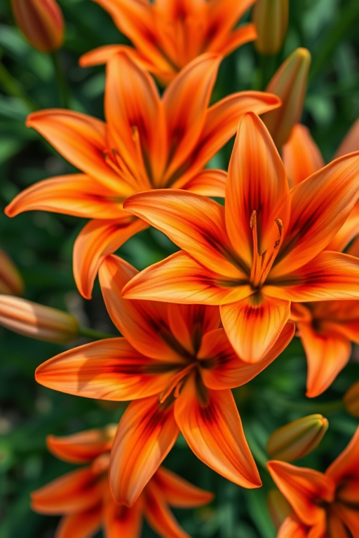 Close-up of vibrant orange lilies in full bloom, shallow depth of field, soft natural lighting, shot with a DSLR camera at f/2.8, ISO 100, 50mm lens, top-down view for enhanced detail and vivid colors.