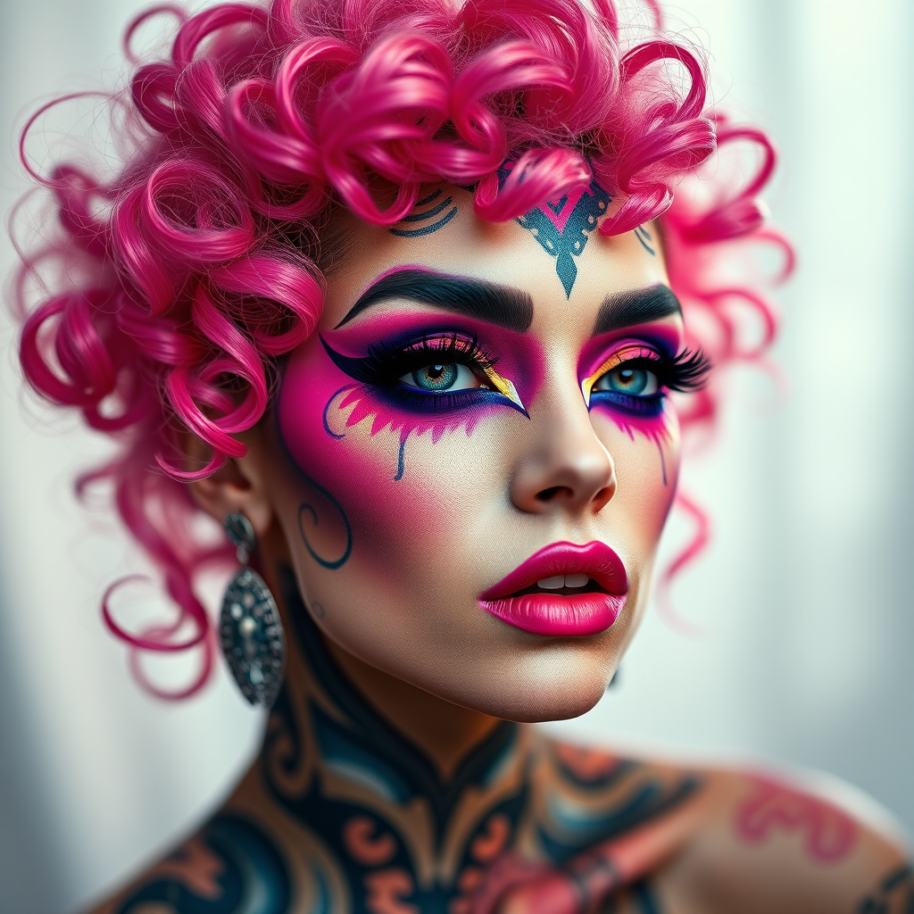 Create a close-up portrait of a glamorous figure with vibrant pink curly hair and intricate makeup featuring bold colors and artistic designs, captured with a Canon EOS R5 at f/1.8, 1/200s, ISO 100, with soft-focus bokeh background and dramatic lighting for enhanced depth and detail.