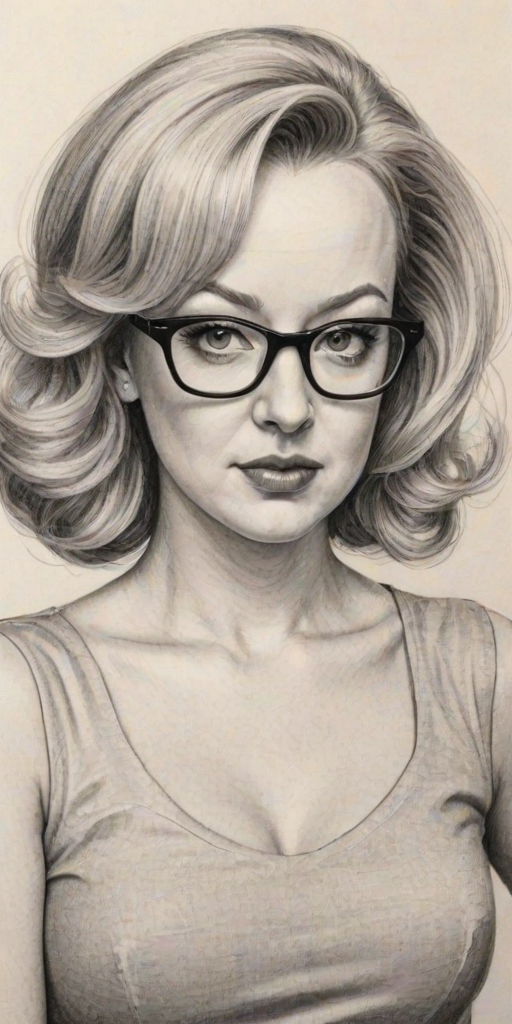 Fetching Wendi McLendon-Covey, pencil sketch, portrait of Resplendent woman 1961s in glasses, hair style beatnik, outline, clear lines, fine lines, 8k