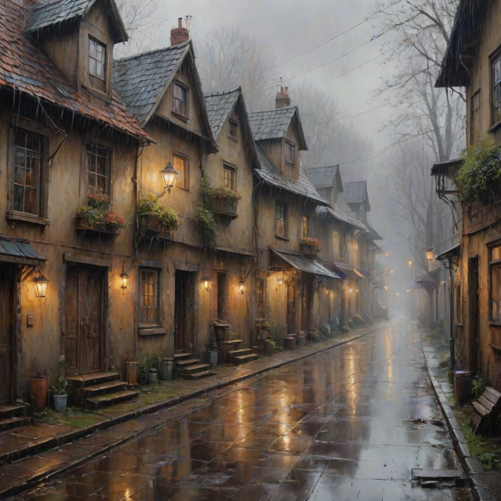 rainy day house painting, fine art painting, fantasy art, 4K, 3D, HDRi, detailed oil painting, high definition art, expressive rustic oil painting, foggy alley, soft focus
