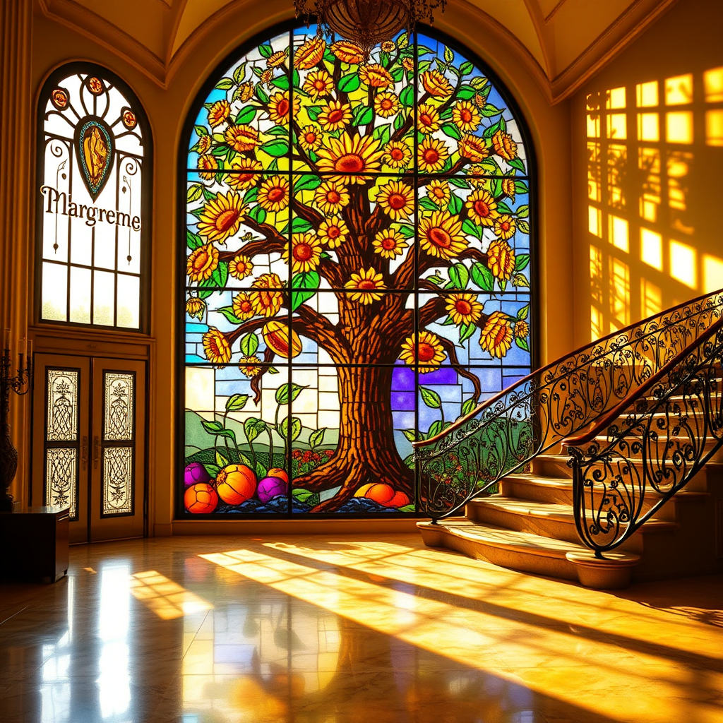 A stained glass window featuring a large, vibrant tree with blooming sunflowers as its focal point. The sunlight passes through the glass, casting multicolored shadows across the floor and a grand, curved staircase with ornate iron railings. The overall ambiance is warm, with golden sunlight enhancing the vivid colors of the stained glass, creating a serene and artistic atmosphere in a spacious room with polished marble floors. The scene is elegant and peaceful, with a blend of nature and architectural beauty.