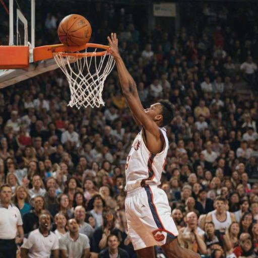 Blurry, high-energy shot of a basketball player making a slam dunk, with the crowd's hands and faces blurred in the background, and the ball just about to pass through the hoop.