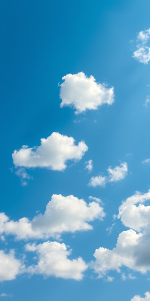 Generate a bright blue sky background with various white, fluffy clouds scattered throughout, using a DSLR camera with an aperture of f/8, shutter speed of 1/250 sec, ISO 100, top down view, with high saturation and sharp focus.