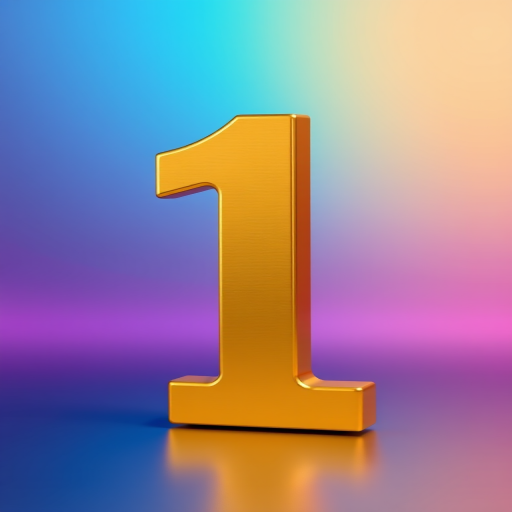 Create a high-resolution 3D rendering of a metallic golden number one on a colorful gradient background, using a DSLR camera with a 50mm lens, aperture set to f/2.8, ISO 100, shooting from a slightly elevated angle, and employing a softbox for even lighting.