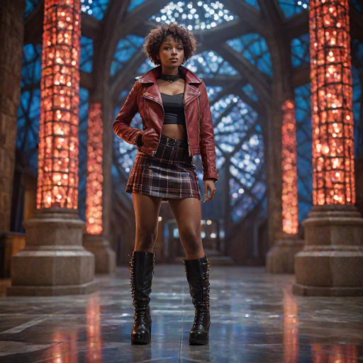 a african woman with sexy pose,Short curly pixie cut,Red,dressed in a studded leather jacket with a plaid mini skirt and knee-high boots,In the Crystal Spire at the Apex of Elemental Convergence,bokeh professional 4k highly detailed,Canon eos 5d mark 4,Ambient lighting,