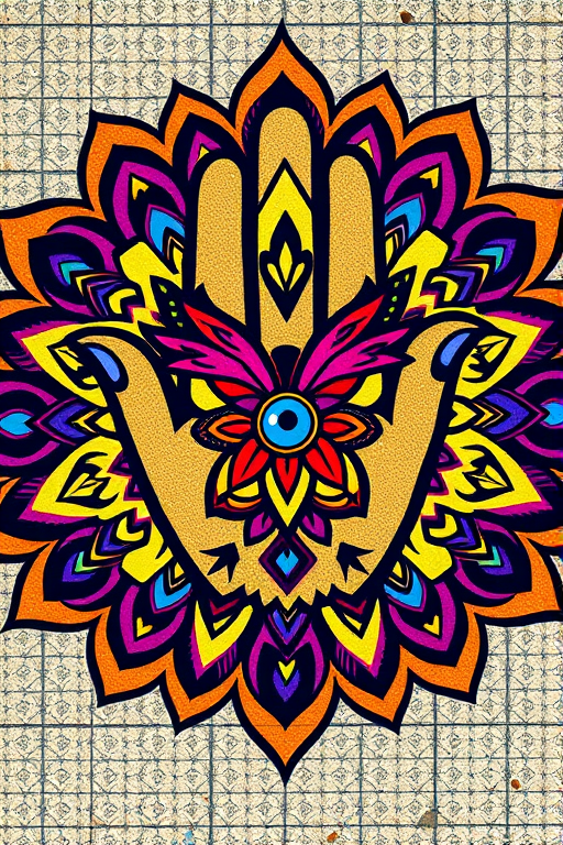 Create a vibrant, intricate mandala design featuring a hand symbol with a butterfly, lotus, and eye motif, use a Canon EOS R5 with a 50mm f/1.2 lens, aperture set to f/2.8, ISO 100, and shoot in natural light from a frontal view to enhance color saturation and detail.