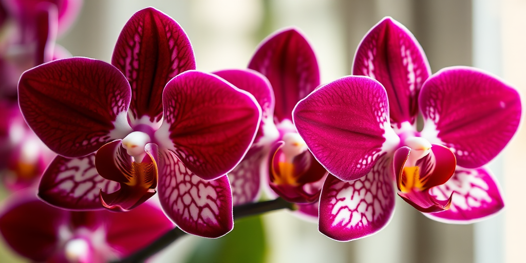 Create a close-up shot of vibrant maroon orchids with intricate white patterns on the petals, captured with a macro lens at f/2.8 aperture, ISO 100, and a shutter speed of 1/200s, using a DSLR camera with natural lighting against a softly blurred background.