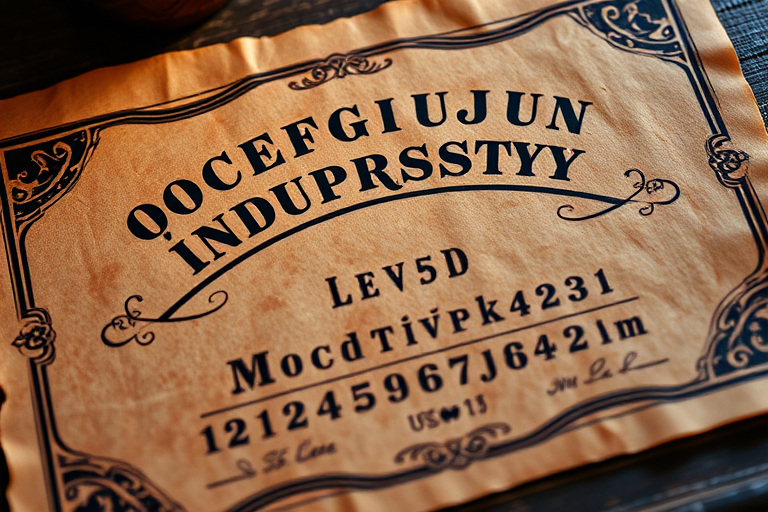 Create a high-resolution image of a vintage Ouija board on textured parchment with warm lighting, shot in 4K using a DSLR camera at f/2.8, 50mm lens, 1/60 sec shutter speed, and ISO 100, ensuring sharp focus on the letters and symbols.
