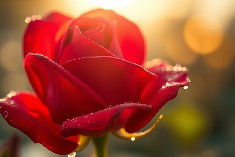 Close-up of a red rose with dewdrops, backlit by soft sunlight, use a DSLR camera, 50mm lens, aperture f/2.8, ISO 100, shallow depth of field, vibrant color saturation.
