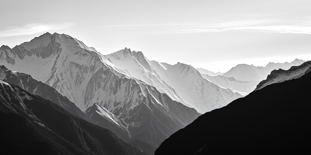 black and white landscape photography of majestic snow-capped mountains with dramatic lighting and shadows, taken with a Canon EOS R5, 24mm lens, aperture f/8, ISO 100, shutter speed 1/200 sec, wide-angle view, high dynamic range, crisp details and contrast