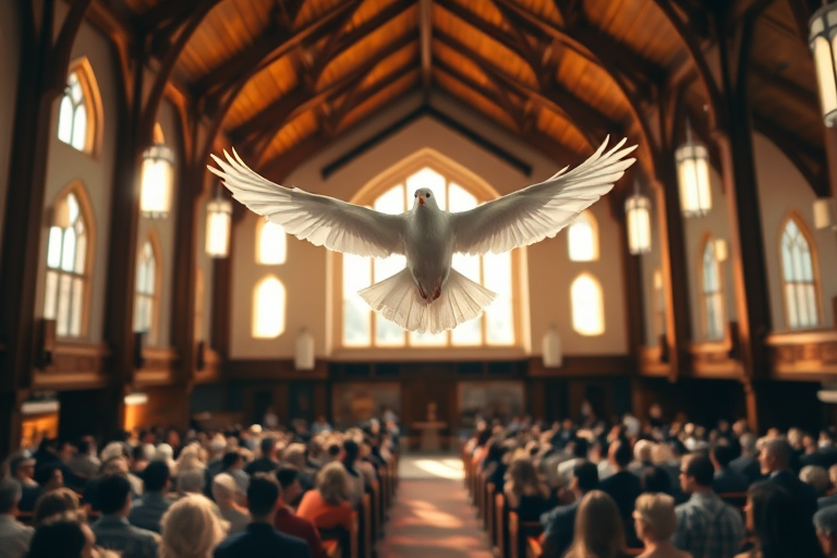A majestic white dove soaring above a congregation in a beautifully lit church with high wooden ceilings, warm sunlight streaming through large windows, captured with a Canon EOS R5, f/1.8 aperture, ISO 100, 24mm lens, in natural light with a wide-angle perspective to enhance image clarity and depth.