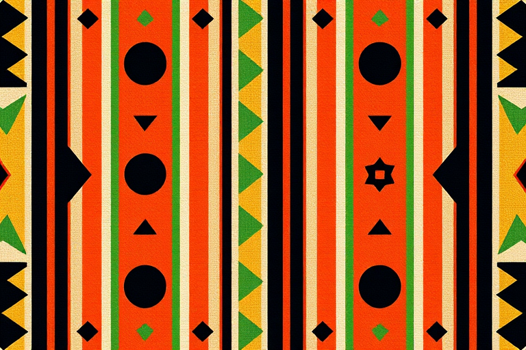 Generate a vibrant textile pattern featuring vertical stripes with geometric shapes including triangles and circles in orange, green, and black, using a DSLR camera with a 50mm lens, aperture f/8, ISO 100, and a top-down view for optimal clarity.