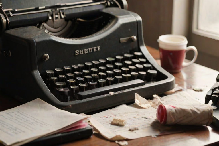 Close-up of an old typewriter with dusty keys, soft light from a window illuminating the machine, with crumpled papers scattered around the desk and a coffee cup with a lipstick stain.