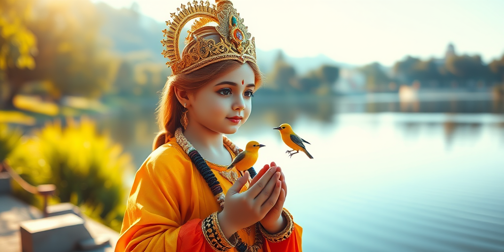 Generate a vibrant and detailed image of a young divine figure resembling a god holding a small bird in the morning light by a serene lake, with lush scenery and ornate attire, using a DSLR camera, 50mm lens, f/1.8 aperture, ISO 100, soft focus background, and vibrant color settings.