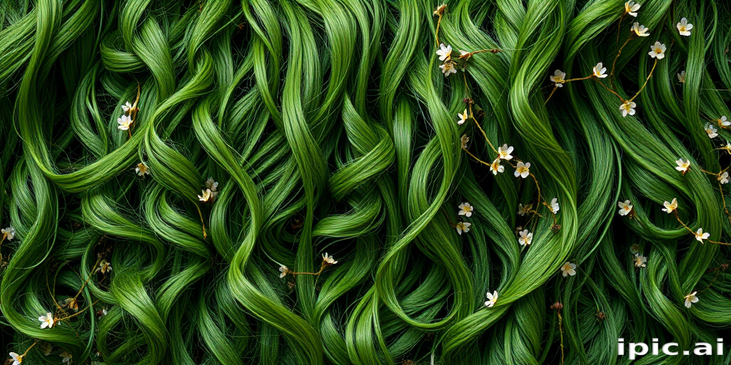 Enchanted forest green tresses intertwined with living vines and tiny blooming flowers, cascading in loose waves to create a magical woodland aesthetic