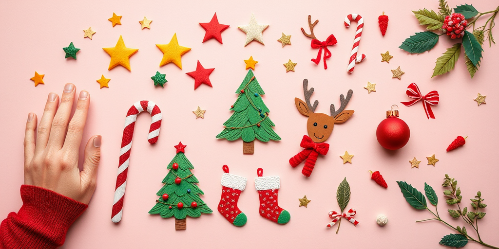 create a colorful flat lay of festive holiday illustrations including a hand, stars, a candy cane, a Christmas tree, a reindeer head, stockings, an ornament, and leaves with a soft pastel background using a DSLR camera at f/5.6 aperture, ISO 200, 50mm lens, natural lighting, and a top-down view to enhance image quality