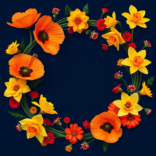 Create a vibrant floral wreath illustration featuring orange poppies, yellow daffodils, and red flowers on a deep navy blue background, shot with a full-frame DSLR camera at f/4.0 aperture, 1/125 sec shutter speed, ISO 100, utilizing a macro lens for intricate details and soft bokeh effect.